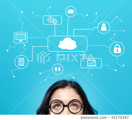 Cloud computing with young woman Cloud computing with young woman 43278367
