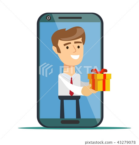 Young man from smartphone screen sending present box isolated on background 43279078