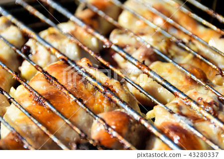 Chicken grilled on a bonfire closeup on a picnic Chicken grilled on a bonfire closeup on a picnic 43280337
