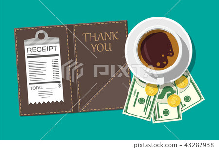 Folder with cash coins, cashier check. Coffee cup Folder with cash coins, cashier check. Coffee cup 43282938