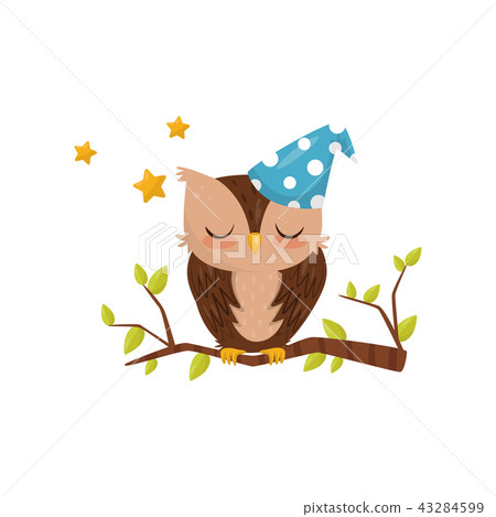 Lovely little owlet wearing blue hat sleeping on a branch at night, cute bird cartoon character 43284599