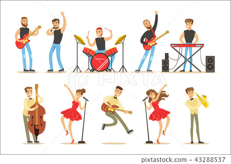 Artists Playing Music Instruments And Singing On Stage Concert Series Of Musicians Cartoon Vector Artists Playing Music Instruments And Singing On Stage Concert Series Of Musicians Cartoon Vector 43288537