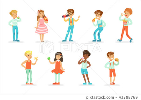 Kids Eating Snack Food And Drinking Soft Drinks Set Of Cartoon Characters Enjoying Their Meal Kids Eating Snack Food And Drinking Soft Drinks Set Of Cartoon Characters Enjoying Their Meal 43288769