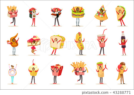People Wearing Fast Food Snacks Costumes Disguised As Cafe Menu Items Set Of Cartoon Characters People Wearing Fast Food Snacks Costumes Disguised As Cafe Menu Items Set Of Cartoon Characters 43288771