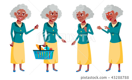 Old Woman Poses Set Vector. Elderly People. Black. Afro American. Senior Person. Aged. Beautiful Old Woman Poses Set Vector. Elderly People. Black. Afro American. Senior Person. Aged. Beautiful 43288788