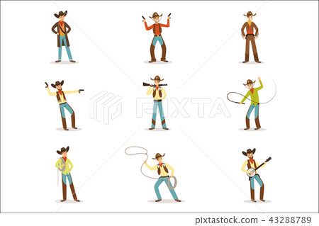 North American Cowboy With Different Accessories Set Of Cartoon Characters, Modern Western Cattle 43288789