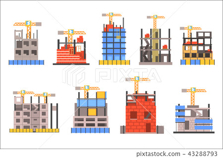 Unfinished Modern Building Construction Set With No People And Lifting Crane Set Of Icons Unfinished Modern Building Construction Set With No People And Lifting Crane Set Of Icons 43288793