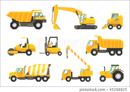Yellow Construction Cars And Machinery Set Of Colorful Vehicles In REalistic Design Illustrations 43288825