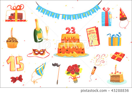 Happy Birthday Party Set Of Isolated Cute Cartoon Objects Related To Partying And Celebrating Happy Birthday Party Set Of Isolated Cute Cartoon Objects Related To Partying And Celebrating 43288836