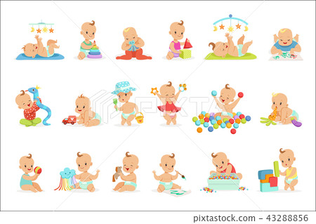 Adorable Girly Cartoon Babies Playing With Their Stuffed Toys And Development Tools Set Of Cute Adorable Girly Cartoon Babies Playing With Their Stuffed Toys And Development Tools Set Of Cute 43288856