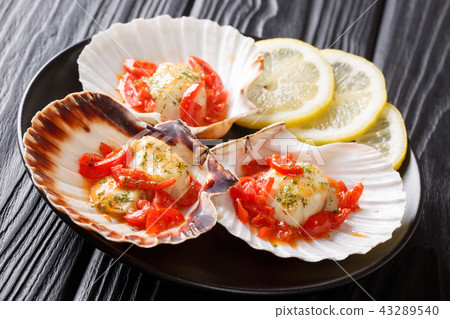 sea scallops in a shell with sauce, tomatoes 43289540