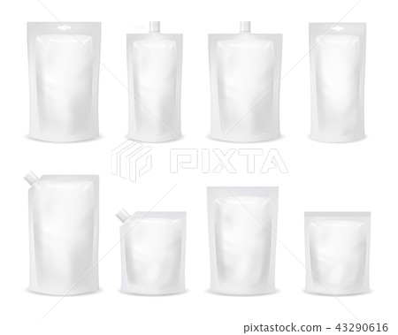 Realistic Detailed 3d Various White Blank Doypack Template Mockup Set. Vector 43290616