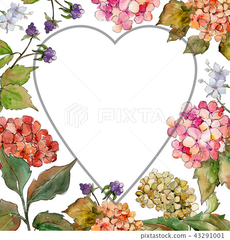 Watercolor red and yellow gortenzia flower. Floral botanical flower. Frame border ornament square. 43291001