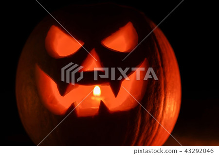 Orange mad pumpkin as head of Jack-o-lantern with carved eyes and wicked smirk. Scary symbol of Orange mad pumpkin as head of Jack-o-lantern with carved eyes and wicked smirk. Scary symbol of 43292046
