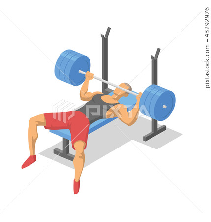 Man working out with barbell lying on a bench. Bench press. Colorful isometric illlustration of 43292976