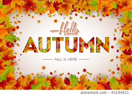 Autumn Illustration with Falling Leaves and Lettering on White Background. Autumnal Vector Design 43294811