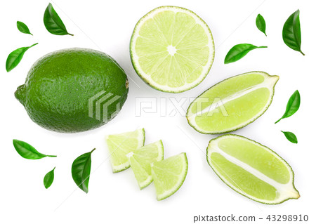 sliced lime with leaves isolated on white background. Top view. Flat lay pattern 43298910