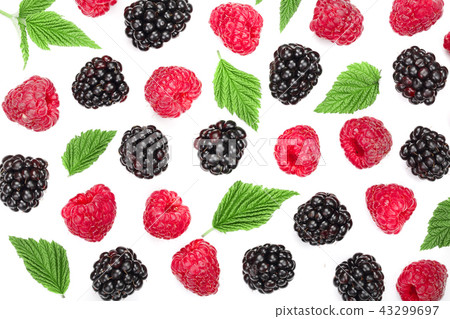 blackberry and raspberry with leaves isolated on white background. Top view. Flat lay pattern blackberry and raspberry with leaves isolated on white background. Top view. Flat lay pattern 43299697