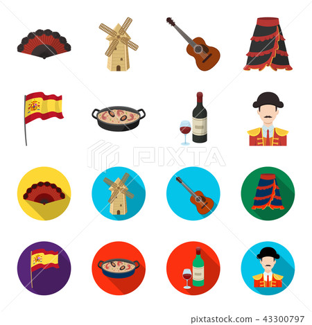 Flag with the coat of arms of Spain, a national dish with rice and tomatoes, a bottle of wine with a Flag with the coat of arms of Spain, a national dish with rice and tomatoes, a bottle of wine with a 43300797