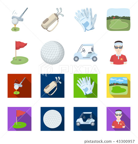 Field with a hole and a flag, a golf ball, a golfer, an electric golf cart.Golf club set collection 43300957