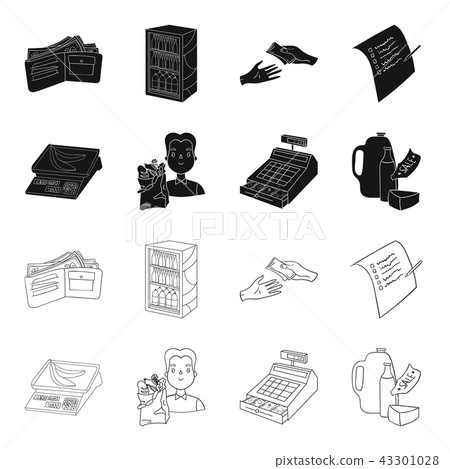 Package, scales, banana, fruit .Supermarket set collection icons in black,outline style vector Package, scales, banana, fruit .Supermarket set collection icons in black,outline style vector 43301028