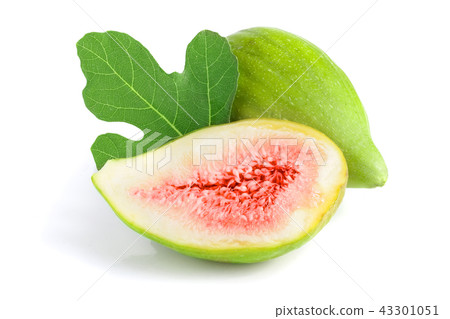 Ripe green fig fruit and half with leaf isolated on white background Ripe green fig fruit and half with leaf isolated on white background 43301051
