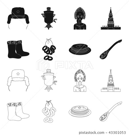 Felt, boots, drying, gingerbread .Russia country set collection icons in black,outline style vector 43301053