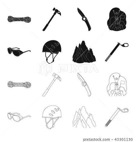 Helmet, goggles, wedge safety, peaks in the clouds.Mountaineering set collection icons in black Helmet, goggles, wedge safety, peaks in the clouds.Mountaineering set collection icons in black 43301130