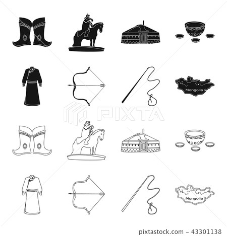 .mongol dressing gown, battle bow, theria on the map, Urga, Khlyst. Mongolia set collection icons in 43301138
