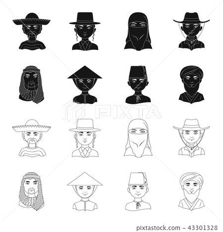 Arab, turks, vietnamese, middle asia man. Human race set collection icons in black,outline style Arab, turks, vietnamese, middle asia man. Human race set collection icons in black,outline style 43301328