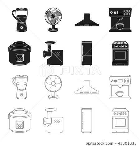 Multivarka, refrigerator, meat grinder, gas stove.Household set collection icons in black,outline Multivarka, refrigerator, meat grinder, gas stove.Household set collection icons in black,outline 43301333