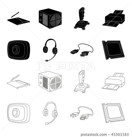Webcam, headphones, USB cable, processor. Personal computer set collection icons in black,outline Webcam, headphones, USB cable, processor. Personal computer set collection icons in black,outline 43301583