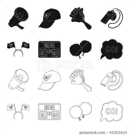 Hoop with flags and other attributes of the fans.Fans set collection icons in black,outline style Hoop with flags and other attributes of the fans.Fans set collection icons in black,outline style 43301624