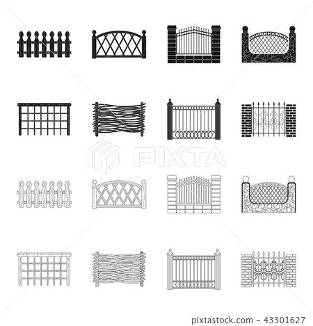 A fence of metal and bricks,wooden palisade. A different fence set collection icons in black,outline 43301627