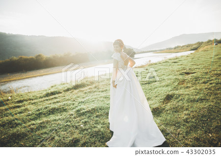 Bride in wedding dress posing on grass with beautiful landscape background Bride in wedding dress posing on grass with beautiful landscape background 43302035