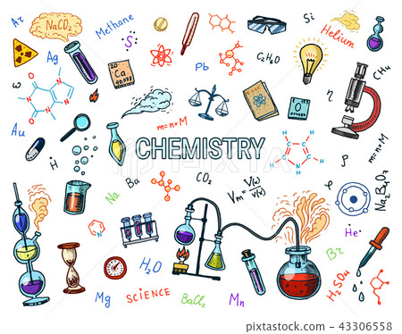Chemistry of icons set. Chalkboard with elements, formulas, atom, test-tube and laboratory equipment 43306558