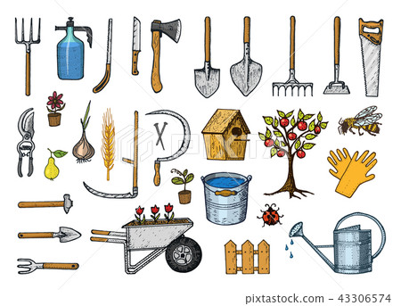 Set of gardening tools or items. hose reel, fork, spade, rake, hoe, trug, cart, lawnmower, elements 43306574