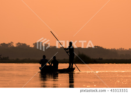 Men in a boat on a river silhouette 43313331