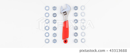 Flat lay of metal nuts and spanner Flat lay of metal nuts and spanner 43313688