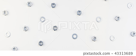Flat lay of metal nuts on white background Flat lay of metal nuts on white background 43313689