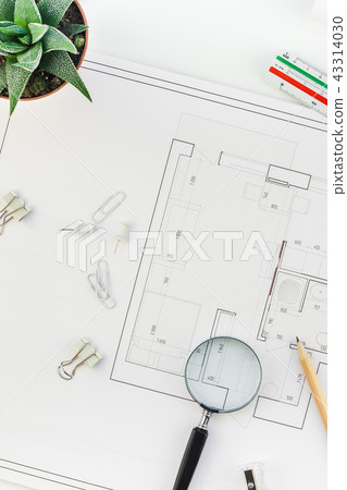 Interior designer table workplace with house plan Interior designer table workplace with house plan 43314030