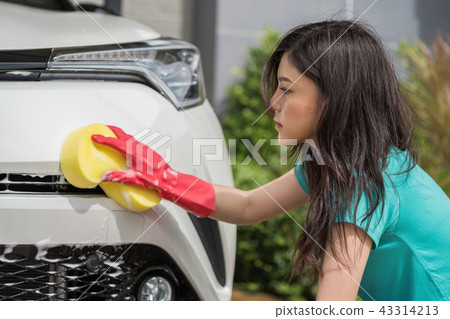 woman holding sponge to washing car woman holding sponge to washing car 43314213