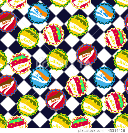 Soda bottle caps pattern vector on blue and white checkered background. 43314426
