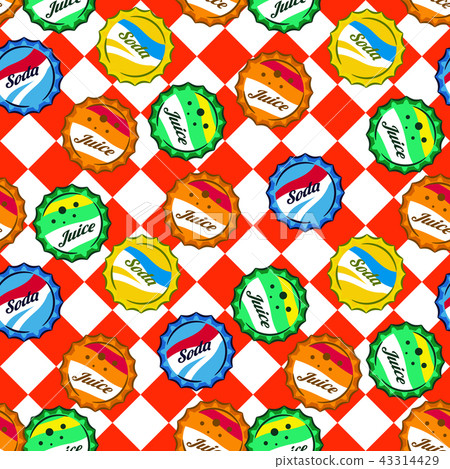 Seamless retro soda bottle caps pattern vector on red and white checkered background. Seamless retro soda bottle caps pattern vector on red and white checkered background. 43314429