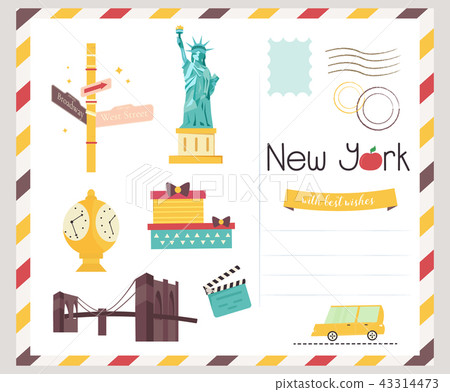 Postcard with famous New York destinations, symbol Postcard with famous New York destinations, symbol 43314473