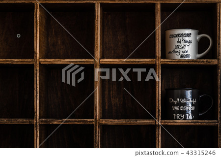 Ceramic Coffee Mugs on Handmade Wooden Wall Shelf Ceramic Coffee Mugs on Handmade Wooden Wall Shelf 43315246