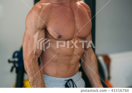 A young athlete trains in the gym. Trians biceps muscules A young athlete trains in the gym. Trians biceps muscules 43316780