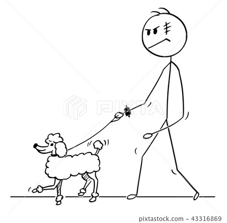 Cartoon of Tough Man Walking With Poodle Dog on a Leash