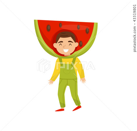Funny preschool boy in headwear in form of watermelon. Child in cute fruit costume. Kindergarten Funny preschool boy in headwear in form of watermelon. Child in cute fruit costume. Kindergarten 43319801