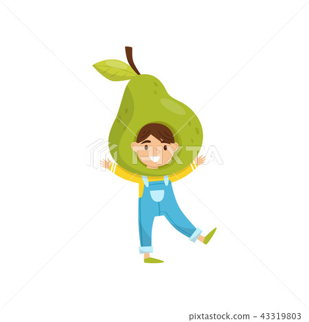 Cute little girl in fruit headwear. Adorable child dressed as green pear. Kid with cheerful face Cute little girl in fruit headwear. Adorable child dressed as green pear. Kid with cheerful face 43319803